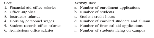 Identify activity bases For a major university, match each cost in the following table with the activity base most appropriate to it. An activity base may be used more than once or not used at all.  <div style=padding-top: 35px> 