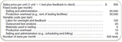 Basic Concepts The following data apply to the provision of psychological testing services. Required Give the amount for each of the following (one unit = one test): a. Variable production cost per unit. b. Variable cost per unit. c. Full cost per unit. d. Full absorption cost per unit. e. Prime cost per unit. f. Conversion cost per unit. g. Contribution margin per unit. h. Gross margin per unit. i. Suppose the number of units decreases to 400 tests per month, which is within the relevant range. Which parts of (a) through (h) will change For each amount that will change, give the new amount for a volume of 400 tests.