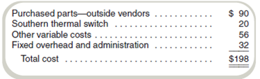 Transfer Pricing: Performance Evaluation Issues Cochise Corporation's Southern Division is operating at capacity. It has been asked by Northern Division to supply it a thermal switch, which Southern sells to its regular customers for $30 each. Northern, which is operating at 70 percent capacity, is willing to pay $20 each for the switch. Northern will put the switch into a kitchen appliance that it is manufacturing on a cost-plus basis for the Army. Southern has a $17 variable cost of producing the switch. The cost of the kitchen appliance as built by Northern follows: Northern believes that the price concession is necessary to get the job. The company uses ROI and dollar profits in evaluating the division and divisional manager's performance. Required a. If you were Southern's division controller, would you recommend supplying the switch to Northern (Ignore any income tax issues.) Why or why not b. Would it be to the short-run economic advantage of Cochise Corporation for Southern to supply Northern with the switch at $20 each (Ignore any income tax issues.) Explain your answer. c. Discuss the organizational and managerial behavior difficulties, if any, inherent in this situation. As Cochise's controller, what would you advise the corporation's president to do in this situation