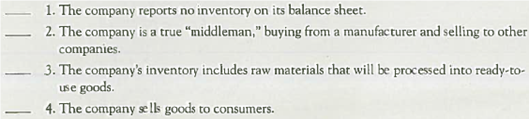 Distinguishing among Operating Cycles Identify the type of business as service (S), retail merchandiser (RM), wholesale merchandiser (WM), or manufacturer (M) for each of the following.