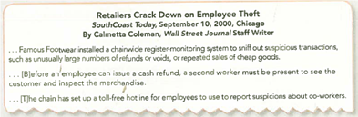 Ethical Decision Making: A Real-Life Example When some people think about inventory theft, they imagine a shoplifter running out of a store with goods stuffed inside a jacket or bag. But that's not what the managers thought at the Famous Footwear store on Chicago's Madison Street. No, they suspected their own employees were the main cause of their unusually high shrinkage. One scam involved dishonest cashiers who would let their friends take a pair of Skechers without paying for them. To make it look like the shoes had been bought, cashiers would ring up a sale, but instead of charging $50 for shoes, they would charge only $2 for a bottle of shoe polish. That is when the company's managers decided to put its accounting system to work. In just two years, the company cut its Madison Street inventory losses in half. Here's how a newspaper described the stores improvements: These improvements in inventory control came as welcome news for investors and creditors of Brown Shoe Company, the company that owns Famous Footwear. Despite these improvements at the Chicago store, Brown Shoe has been forced to shut down operations in other cities. Required: 1. Explain how the register-monitoring system would allow Famous Footwear to cut down on employee theft. 2. What is the name of the control principle that is addressed by Famous Footwear's new cash refund procedure 3. If Famous Footwear used a periodic inventory system, rather than a perpetual inventory system, how would the company detect shrinkage 4. Think of and describe at least four different parties that are harmed by the type of inventory theft described in this case.