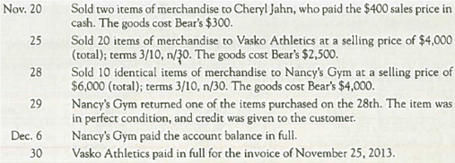 Reporting Net Sales with Credit Sales, Sales Discounts, and Sales Returns The following transactions were selected from among those completed by Bear's Retail Store in 2013: Required: Assuming char Sales Returns and Sales Discounts are reported as contra-revenues, compute Net Sales for the two months ended December 31, 2013.