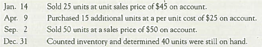(Supplement 7C) Recording Purchases and Sales Using Perpetual and Periodic Inventory Systems Kangaroo Jim Company reported beginning inventory of 100 units at a per unit cost of $25. It had the following purchase and sales transactions during 2012: Required: Record each transaction, assuming that Kangaroo Jim Company uses ( a ) a perpetual inventory system and ( b ) a periodic inventory system.
