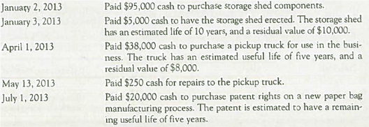 Recording Transactions and Adjustments for Tangible and Intangible Assets The following transactions and adjusting entries were completed by a paper-packaging company called Gravure Graphics International. The company uses straight-line depreciation for trucks and other vehicles, double-declining-balance depreciation for buildings, and straight-line amortization for patents. Required: Give the journal entries required on each of the above dates.