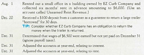 Determining Financial Effects of Transactions Affecting Current Liabilities with Evaluation of Effects on the Quick Ratio EZ Curb Company completed the following transactions during 2013. The annual accounting period ends December 31, 2013. Required: 1. For each listed transaction and related adjusting entry, indicate the accounts, amounts, and effects (+ for increase, - for decrease, and NE for no effect) on the accounting equation, using the following format: 2. For each transaction and related adjusting entry, state whether the quick ratio is increased, decreased, or there is no change. (Assume EZ Curb Company's quick ratio has always been greater than 1.0.)