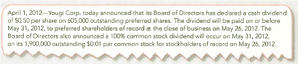 Recording Cash and Stock Dividends Yougi Corp. is an animation studio operating in South Florida. A recent press release contained the following information: Required: 1. Prepare any journal entries that Yougi Corp. should make as the result of information in the preceding report. 2. What two requirements would the board of directors have considered before making the dividend decision