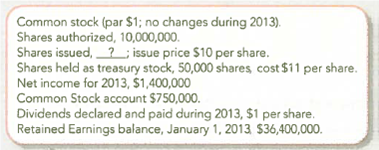 Finding Missing Amounts At December 31, 2013, the records of Seacrest Enterprises provided the following selected and incomplete data: Required: 1. Complete the following: Shares issued ________. Shares outstanding _________. 2. The balance in Additional Paid-in Capital would be $ _____. 3. Earnings per share is $ ________ Round your answer to two decimal places. 4. Total dividends paid on common stock during 2013 is $ _______. 5. Treasury stock should be reported in the stockholders' equity section of the balance sheet in the amount of $ _________. 6. Assume that the board of directors voted a 2-for-l stock split. After the stock split, the par value per share will be $ ___________. 7. Disregard the stock split (assumed above). Assume instead that a 100 percent stock dividend was declared and issued after the treasury stock had been acquired, when the stock price of the common stock was S21. Compute the dollar amount at which to record the stock dividend.