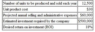 Absorption Cost ing Approach to Setting a Selling Price Naylor Company is considering the introduction of a new product. Management has gathered the following information: The company uses the absorption costing approach to cost-plus pricing. R equired: 1. Compute the markup required to achieve the desired ROI. 2. Compute the target selling price per unit.