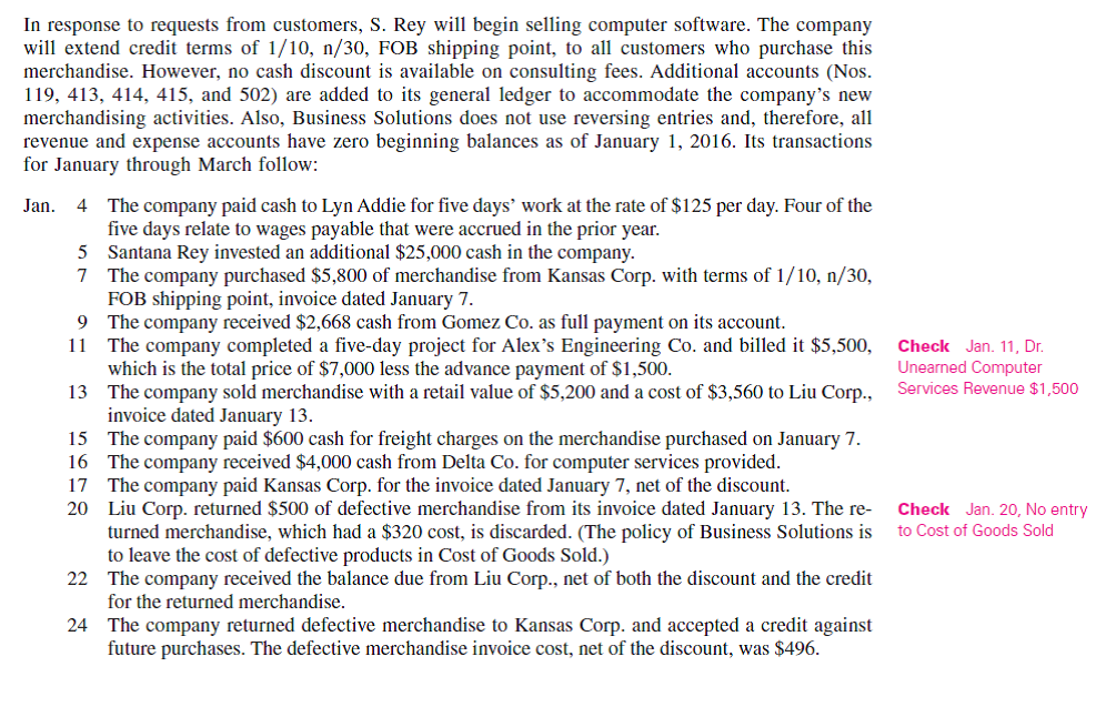 (This serial problem began in Chapter 1 and continues through most of the book. If previous chapter segments were not completed, the serial problem can begin at this point. It is helpful, but not necessary, to use the Working Papers that accompany the book.) Santana Rey created Business Solutions on October 1, 2015. The company has been successful, and its list of customers has grown. To accommodate the growth, the accounting system is modified to set up separate accounts for each customer. The following chart of accounts includes the account number used for each account and any balance as of December 31, 2015. Santana Rey decided to add a fourth digit with a decimal point to the 106 account number that had been used for the single Accounts Receivable account. This change allows the company to continue using the existing chart of accounts.
