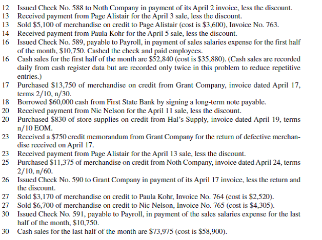 The April transactions of Wiset Company are described in Problem 7-2A. Required 1. Prepare a general journal, a purchases journal like that in Exhibit 7.9, and a cash disbursements journal like that in Exhibit 7.11. Number all journal pages as page 3. Review the April transactions of Wiset Company and enter those transactions that should be journalized in the general journal, the purchases journal, or the cash disbursements journal. Ignore any transactions that should be journalized in a sales journal or cash receipts journal. 2. Open the following general ledger accounts: Cash; Inventory; Office Supplies; Store Supplies; Store Equipment; Accounts Payable; Long-Term Notes Payable; B. Wiset, Capital; Sales Salaries Expense; and Advertising Expense. Enter the March 31 balances of Cash ($85,000), Inventory ($125,000), Long-Term Notes Payable ($110,000), and B. Wiset, Capital ($100,000). Also open accounts payable subsidiary ledger accounts for Hal's Supply, Noth Company, Grant Company, and Custer, Inc. 3. Verify that amounts that should be posted as individual amounts from the journals have been posted. (Such items are immediately posted.) Foot and crossfoot the journals and make the month-end postings. 4. Prepare a trial balance of the general ledger accounts opened as required for part 2; then prepare a schedule of accounts payable. Reference: Exhibit 7.9 Exhibit 7.11 Reference: Problem 7-2A. Wiset Company completes these transactions during April of the current year (the terms of all its credit sales are 2/10, n/30). Apr. 2 Purchased $14,300 of merchandise on credit from Noth Company, invoice dated April 2, terms 2/10, n/60. 3 Sold merchandise on credit to Page Alistair, Invoice No. 760, for $4,000 (cost is $3,000). 3 Purchased $1,480 of office supplies on credit from Custer, Inc. Invoice dated April 2, terms n/10 EOM. 4 Issued Check No. 587 to World View for advertising expense, $899. 5 Sold merchandise on credit to Paula Kohr, Invoice No. 761, for $8,000 (cost is $6,500). 6 Received an $80 credit memorandum from Custer, Inc., for the return of some of the office supplies received on April 3. 9 Purchased $12,125 of store equipment on credit from Hal's Supply, invoice dated April 9, terms n/10 EOM. 11 Sold merchandise on credit to Nic Nelson, Invoice No. 762, for $10,500 (cost is $7,000). Required 1. Prepare a sales journal like that in Exhibit 7.5 and a cash receipts journal like that in Exhibit 7.7. Number both journal pages as page 3. Then review the transactions of Wiset Company and enter those that should be journalized in the sales journal and those that should be journalized in the cash receipts journal. Ignore any transactions that should be journalized in a purchases journal, a cash disbursements journal, or a general journal. 2. Open the following general ledger accounts: Cash; Accounts Receivable; Inventory; Long-Term Notes Payable; B. Wiset, Capital; Sales; Sales Discounts; and Cost of Goods Sold. Enter the March 31 balances for Cash ($85,000), Inventory ($125,000), Long-Term Notes Payable ($110,000), and B. Wiset, Capital ($100,000). Also open accounts receivable subsidiary ledger accounts for Paula Kohr, Page Alistair, and Nic Nelson. 3. Verify that amounts that should be posted as individual amounts from the journals have been posted. (Such items are immediately posted.) Foot and crossfoot the journals and make the month-end postings. 4. Prepare a trial balance of the general ledger accounts opened as required for part 2; then prove the accuracy of the subsidiary ledger by preparing a schedule of accounts receivable. Analysis Component 5. Assume that the total for the schedule of accounts receivable does not equal the balance of the controlling account in the general ledger. Describe steps you would take to discover the error(s). Reference: Exhibit 7.5 Exhibit 7.7