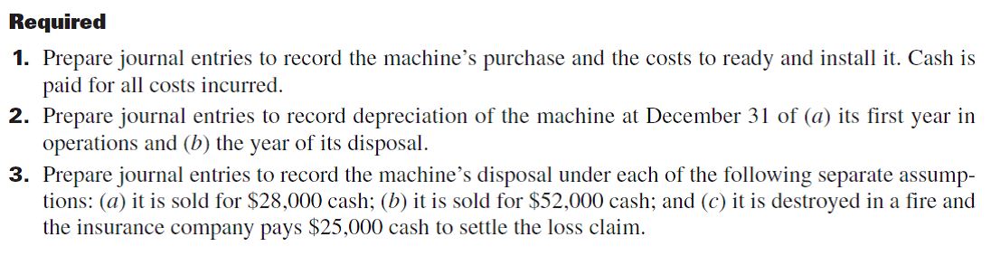 On January 1, Walker purchases a used machine for $150,000 and readies it for use the next day at a cost of $3,510. On January 4, it is mounted on a required operating platform costing $4,600, and it is further readied for operations. Management estimates the machine will be used for seven years and have an $18,110 salvage value. Depreciation is to be charged on a straight-line basis. On December 31, at the end of its sixth year of use, the machine is disposed of.