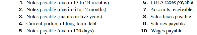 The following items appear on the balance sheet of a company with a two-month operating cycle. Identify the proper classification of each item as follows: C if it is a current liability, L if it is a long-term liability, or N if it is not a liability.
