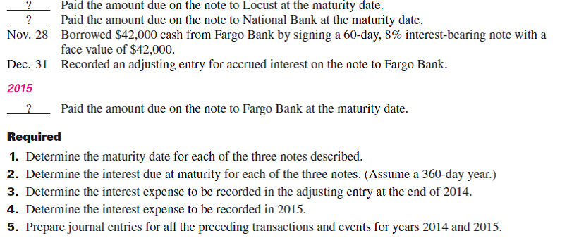 Tyrell Co. entered into the following transactions involving short-term liabilities in 2014 and 2015. 2014 Apr. 20 Purchased $40,250 of merchandise on credit from Locust, terms are 1y10, ny30. Tyrell uses the perpetual inventory system. May 19 Replaced the April 20 account payable to Locust with a 90-day, $35,000 note bearing 10% annual interest along with paying $5,250 in cash. July 8 Borrowed $80,000 cash from National Bank by signing a 120-day, 9% interest-bearing note with a face value of $80,000.