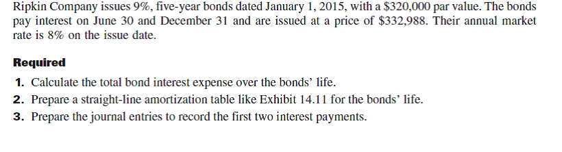 Refer to the bond details in Problem 14-4B. Required 1. Compute the total bond interest expense over the bonds' life. 2. Prepare an effective interest amortization table like the one in Exhibit 14B.2 for the bonds' life. 3. Prepare the journal entries to record the first two interest payments. 4. Use the market rate at issuance to compute the present value of the remaining cash flows for these bonds as of December 31, 2017. Compare your answer with the amount shown on the amortization table as the balance for that date (from part 2) and explain your findings. Reference: Exhibit 14B.2 Reference: Problem 14-4B.