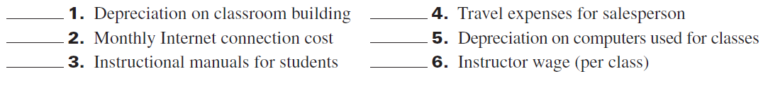 TechPro offers instructional courses in e-commerce website design. The company holds classes in a building that it owns. Classify each of TechPro's costs below as (a) variable or fixed and (b) direct or indirect. Assume the cost object is an individual class.