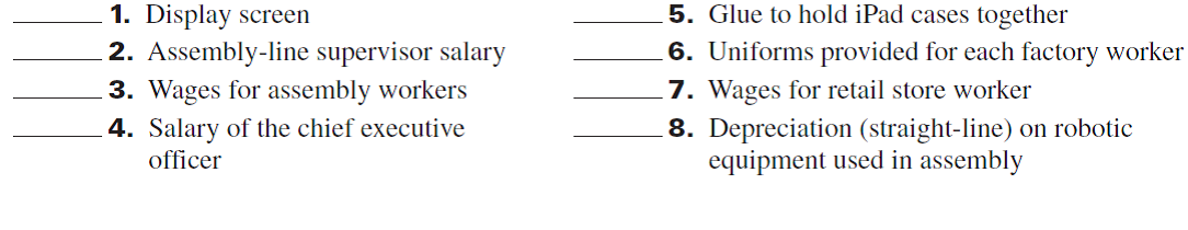 Some costs related to Apple 's iPad are listed below. Classify each cost as either direct materials, direct labor, factory overhead, selling expenses, or general and administrative expenses.