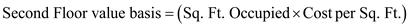 In the given scenario, a company allocates cost on a physical allocation basis but some managers are proposing an allocation on a value basis. The allocation of joint costs on a value basis means that the business allocates the cost to products based on certain grades and its relative production quantity. It determines the percentage of the total costs allocated to each product by the ratio of each product's sales value to the total value. The sales value is determined by multiplying the unit-selling price by the number of units. 1. Based on the current cost physical allocation basis the resulting occupancy costs are simply the physical space occupied by the current cost per square foot, which in this scenario is $23.25/sq. ft. AF's department occupies 2,000 sq. ft. so the cost calculation is:       2. In order to consider a value basis allocation the Controller had to split up the various occupancy costs incurred. Lighting and cleaning costs totaling $65,000 would be applied at the original basis method. The cost can be determined by dividing that cost by the total number of square feet in the building which is 20,000 sq. ft.     In order to allocate the remaining Building rent costs of $400,000 on a value basis allocation some addition calculations are needed. The scenario indicates that first floor space costs $40 per sq. ft., second floor space costs $20 per sq. ft., and basement space costs $10 per sq. ft. Therefore, to determine the value basis for allocating cost one must multiply the number of sq. ft. occupied by their relative cost.                   The relative basis of each item's value to the total value can now be determined so that the cost allocation percentage can be determined.                         Since the cost was previously determined to be $400,000, the allocated joint cost of each item is simply the total cost multiplied by the relative basis for each item. It can then be divided by the total sq. ft. occupied by each floor to determine the cost per sq. ft.                   In order to apply the new blended cost basis for the department in question the cost per sq. ft. for each floor must be summed up. It is simply the adjusted original basis (for lighting and cleaning) plus the value basis (for building rent) for each floor. For the first floor the calculation is:       For the second floor the calculation is:       For the basement the calculation is:       This can now be applied to the respective department. AF's department occupies 2,000 sq. ft. in the basement so the cost calculation is:       3. The manager of a second floor department would favor the blended value basis allocation because the cost allocation would be $17 per sq. ft. using the current allocation method versus $10.00 per sq. ft. using the blended value basis allocation.