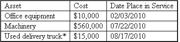 Back in Boston, Steve has been busy creating and managing his new company, Teton Mountaineering (TM), which is based out of a small town in Wyoming. In the process of doing so, TM has acquired various types of assets. Below is a list of assets acquired during 2010: *Not considered a luxury automobile, thus not subject to the luxury automobile limitations During 2010, TM had huge success (and had no §179 limitations and Steve acquired more assets the next year to increase its production capacity. These are the assets which were acquired during 2011: **Used 100% for business purposes. TM did extremely well during 2011 by generating a taxable income before any §179 expense of $732,500. Required a. Compute 2010 depreciation deductions including §179 expense (ignoring bonus depreciation). b. Compute 2011 depreciation deductions including §179 expense (ignoring bonus depreciation). c. Compute 2011 depreciation deductions including §179 expense (ignoring bonus depreciation), but now assume that Steve acquired a new machine on October 2 nd for $400,000 plus $20,000 for delivery and setup costs. d. Ignoring part c, now assume that during 2011, Steve decides to buy a competitor's assets for a purchase price of $350,000. Steve purchased the following assets for the lump-sum purchase price. e. Complete Part I of Form 4562 for part b.
