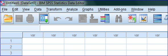 Instructions: Double Click on the SPSS icon on the desktop.    Then we get the following window,    On the tool bar we have the following option: File, Edit, View, Data, Transform, Analyze, Graphs, Utilities, Add-ons, Window, and Help, File is mainly used to open and save data files. Another option most commonly used is analyze, in which we have all statistical analysis option. To draw graphs we use graphs option. To get more information we have option help, in that we have tutorial to learn the use of SPSS. To exit from the SPSS, Go to file option and Exit or just close the SPSS window.