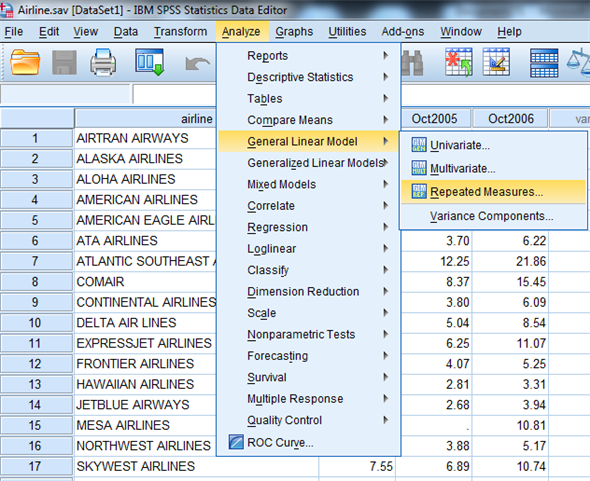 1) We test to determine whether the significant change in the mean rate of mishandled baggage over the three years period. Using SPSS, following is the procedure for obtaining the ANOVA output for the given data. 1) Select Analyze, general linear model and repeated measures.   2) When Repeated measures define Factor(s) dialog box appears type time in within subject factor name and 3 in number of levels. Presss Add button and select define option.     3) Shift Click to highlight each level name then transfer them by clicking this button.   4) Select Options and Continue buttons.   5) Click Plots button.   6) Click to highlight the factor name then transfer it to the Horizontal Axis, click Add button and Continue.   7) Click Ok to run the analysis. The output is shown below: The table below shows the name given to the factor and the number of levels of the factor together with their names.   The table below shows the mean and standard deviation of each time period.       The table below shows the   value and its level of significance for testing the equality of means of the factor.       From the output test within subject effect the P -value is 0.000, it is very less, so there is a significant change in the mean rate of mishandled baggage over the three years periods. 2) We test to determine whether there is significant linear trend in the mean rate of mishandled baggage over the three years period. The null and alternative hypotheses are,   There is no significant linear trend in the mean rate of mishandled baggage over the three years period.   There is significant linear trend in the mean rate of mishandled baggage over the three years period. Under the null hypothesis the test statistic is defined as,   From the output test of within subjects effects , The   is 44.615 The   value is 0.000 Here we observe that the   value is less, so the linear effect of the time is highly significanct.