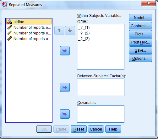 1) We test to determine whether the significant change in the mean rate of mishandled baggage over the three years period. Using SPSS, following is the procedure for obtaining the ANOVA output for the given data. 1) Select Analyze, general linear model and repeated measures.   2) When Repeated measures define Factor(s) dialog box appears type time in within subject factor name and 3 in number of levels. Presss Add button and select define option.     3) Shift Click to highlight each level name then transfer them by clicking this button.   4) Select Options and Continue buttons.   5) Click Plots button.   6) Click to highlight the factor name then transfer it to the Horizontal Axis, click Add button and Continue.   7) Click Ok to run the analysis. The output is shown below: The table below shows the name given to the factor and the number of levels of the factor together with their names.   The table below shows the mean and standard deviation of each time period.       The table below shows the   value and its level of significance for testing the equality of means of the factor.       From the output test within subject effect the P -value is 0.000, it is very less, so there is a significant change in the mean rate of mishandled baggage over the three years periods. 2) We test to determine whether there is significant linear trend in the mean rate of mishandled baggage over the three years period. The null and alternative hypotheses are,   There is no significant linear trend in the mean rate of mishandled baggage over the three years period.   There is significant linear trend in the mean rate of mishandled baggage over the three years period. Under the null hypothesis the test statistic is defined as,   From the output test of within subjects effects , The   is 44.615 The   value is 0.000 Here we observe that the   value is less, so the linear effect of the time is highly significanct.