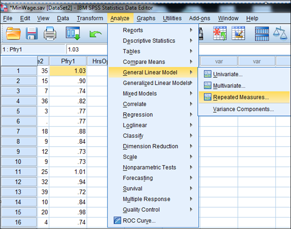 From the given information in the state variable 0 represents the Pennsylvania. And 1 represents New Jersey 1) We test to determine whether the change in price of a small fry before ( Pfry1) and after ( Pfry2) the wage raise differs significantly in New Jersey. Using SPSS, following is the procedure for obtaining the ANOVA output for the given data. 1) Select Analyze, general linear model and repeated measures.   2) When Repeated measures define Factor(s) dialog box appears type price in within subject factor name and 2 in number of levels. Press Add button and select define option.     3) Shift Click to highlight each level name then transfer them by clicking this button.     4) Select Options and Continue buttons.   5) Click Plots button.   6) Click to highlight the factor name then transfer it to the Horizontal Axis, click Add button and Continue.   7) Click Ok to run the analysis. The output is shown below: The table below shows the name given to the factor and the number of levels of the factor together with their names.   The table below shows the mean and standard deviation of each time period.         The table below shows the   value and its level of significance for testing the equality of means of the factor.       We test to determine whether there is significant change in the mean price of small fry before and after the wage rise. The null and alternative hypotheses are,   There is no significant change in the mean price of small fry before and after the wage rise.   There is significant change in the mean price of small fry before and after the wage rise. Under the null hypothesis the test statistic is defined as,   From the output test of within subjects effects , The   is 17.067 The   value is 0.000 Here we observe that the   value is less, so we reject the null hypothesis. Therefore, we conclude that there is significant change in the mean price of small fry before and after the wage rise. 2) We test to determine whether the change in price of a small fry before ( Pfry1) and after ( Pfry2) the wage raise differs significantly in Pennsylvania. Using SPSS, following is the procedure for obtaining the ANOVA output for the given data. 1) Select Analyze, general linear model and repeated measures.   2) When Repeated measures define Factor(s) dialog box appears type price in within subject factor name and 2 in number of levels. Press Add button and select define option.     3) Shift Click to highlight each level name then transfer them by clicking this button.     4) Select Options and Continue buttons.   5) Click Plots button.   6) Click to highlight the factor name then transfer it to the Horizontal Axis, click Add button and Continue.   7) Click Ok to run the analysis. The output is shown below: The table below shows the name given to the factor and the number of levels of the factor together with their names.   The table below shows the mean and standard deviation of each time period.         The table below shows the   value and its level of significance for testing the equality of means of the factor.       We test to determine whether there is significant change in the mean price of small fry before and after the wage rise. The null and alternative hypotheses are,   There is no significant change in the mean price of small fry before and after the wage rise.   There is significant change in the mean price of small fry before and after the wage rise. Under the null hypothesis the test statistic is defined as,   From the output test of within subjects effects , The   is 6.750 The   value is 0.011 Here we observe that the   value is less, so we reject the null hypothesis. Therefore, we conclude that there is significant change in the mean price of small fry before and after the wage rise.