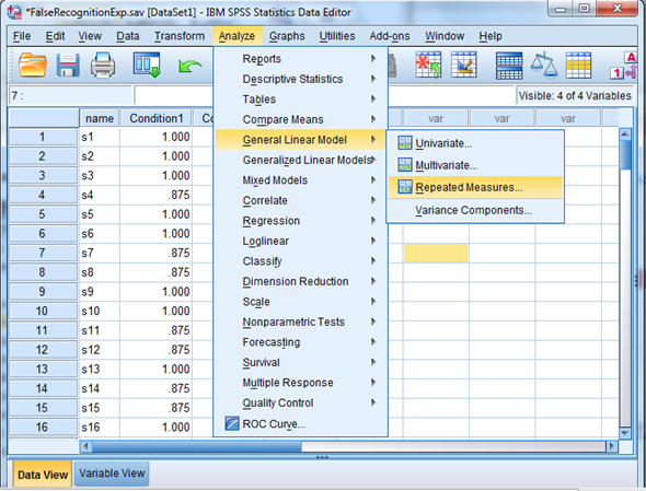 We test to determine whether the means are significantly differ. Here we take Preccnp referred to condition1. Preccpp referred to condition2 Preccnn referred to condition3 Using SPSS, following is the procedure for obtaining the Pairwise comparisons output for the given data. 1) Select Analyze, general linear model and repeated measures.   2) When Repeated measures define Factor(s) dialog box appears type time in within subject factor name and 3 in number of levels. Presss Add button and select define option.     3) Shift Click to highlight each level name then transfer them by clicking this button.   4) Select Options transfer the variable to Display means for text box, Click compare main effect, Select Sidak and Continue buttons.   5) Click Plots button.   6) Click to highlight the factor name then transfer it to the Horizontal Axis, click Add button and Continue.   7) Click Ok to run the analysis. The output is shown below: The table below shows the name given to the factor and the number of levels of the factor together with their names.   The table below shows the mean and standard deviation of each time period.                 From the above output, it can be seen that the P - values for the means of condition1, condtion2 and condition3 are less. Therefore, the means of condition1 and condition2, condition1 and condition3, condition2 and condition3 are signficantly different.