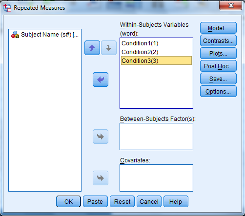 We test to determine whether the means are significantly differ. Here we take Preccnp referred to condition1. Preccpp referred to condition2 Preccnn referred to condition3 Using SPSS, following is the procedure for obtaining the Pairwise comparisons output for the given data. 1) Select Analyze, general linear model and repeated measures.   2) When Repeated measures define Factor(s) dialog box appears type time in within subject factor name and 3 in number of levels. Presss Add button and select define option.     3) Shift Click to highlight each level name then transfer them by clicking this button.   4) Select Options transfer the variable to Display means for text box, Click compare main effect, Select Sidak and Continue buttons.   5) Click Plots button.   6) Click to highlight the factor name then transfer it to the Horizontal Axis, click Add button and Continue.   7) Click Ok to run the analysis. The output is shown below: The table below shows the name given to the factor and the number of levels of the factor together with their names.   The table below shows the mean and standard deviation of each time period.                 From the above output, it can be seen that the P - values for the means of condition1, condtion2 and condition3 are less. Therefore, the means of condition1 and condition2, condition1 and condition3, condition2 and condition3 are signficantly different.
