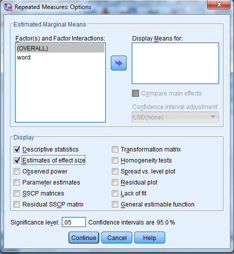 We test to determine whether the means are significantly differ. Here we take Preccnp referred to condition1. Preccpp referred to condition2 Preccnn referred to condition3 Using SPSS, following is the procedure for obtaining the Pairwise comparisons output for the given data. 1) Select Analyze, general linear model and repeated measures.   2) When Repeated measures define Factor(s) dialog box appears type time in within subject factor name and 3 in number of levels. Presss Add button and select define option.     3) Shift Click to highlight each level name then transfer them by clicking this button.   4) Select Options transfer the variable to Display means for text box, Click compare main effect, Select Sidak and Continue buttons.   5) Click Plots button.   6) Click to highlight the factor name then transfer it to the Horizontal Axis, click Add button and Continue.   7) Click Ok to run the analysis. The output is shown below: The table below shows the name given to the factor and the number of levels of the factor together with their names.   The table below shows the mean and standard deviation of each time period.                 From the above output, it can be seen that the P - values for the means of condition1, condtion2 and condition3 are less. Therefore, the means of condition1 and condition2, condition1 and condition3, condition2 and condition3 are signficantly different.