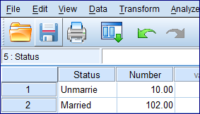 To test this question, a binomial test could be performed. Here, the number of unmarried women is 10 and the number of married women is 102. These data could be entered in the SPSS Data Editor in the following way: Instructions: The values of the numeric variable Status would be weighted by values of the variable Number. Go to Select weight cases by and specify the frequency variables (Number). The binomial test would be run using the test proportion is 0.34. Under this test the null and alternative hypotheses are Let us assume the level of significance is Use Non-parametric binomial test to analyze the data. Go to Specify the test variable list (Number) Select get from data Specify the test proportion 0.34 Click ok. Click on Options Check Descriptive Select Exclude cases test-by-test Click Continue Then Click Ok By following the above instructions we get the output as shown below: From the above output we have the calculated P -value as 0.000. Since, the value is less than 0.05 level of significance, we reject the null hypothesis and conclude that the population proportion is differ from 0.34.