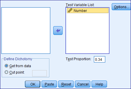 To test this question, a binomial test could be performed. Here, the number of unmarried women is 10 and the number of married women is 102. These data could be entered in the SPSS Data Editor in the following way: Instructions: The values of the numeric variable Status would be weighted by values of the variable Number. Go to Select weight cases by and specify the frequency variables (Number). The binomial test would be run using the test proportion is 0.34. Under this test the null and alternative hypotheses are Let us assume the level of significance is Use Non-parametric binomial test to analyze the data. Go to Specify the test variable list (Number) Select get from data Specify the test proportion 0.34 Click ok. Click on Options Check Descriptive Select Exclude cases test-by-test Click Continue Then Click Ok By following the above instructions we get the output as shown below: From the above output we have the calculated P -value as 0.000. Since, the value is less than 0.05 level of significance, we reject the null hypothesis and conclude that the population proportion is differ from 0.34.