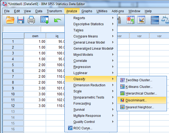 Using SPSS, the discriminant analysis for another example data is shown below: 1) Select Analyze, Classify, Discriminant.   2) When Discriminant Analysis dialog box appears, enter Own in Grouping variable text box, click Define range then bcontinue.     Enter iq, yrsed in independent variable text box.   3) Click Statistics then continue.   4) Click Classify and select some options shown in the below widow and then continue.   5) Click OK We get the following output:                   1) From the output, Fishers discriminant functions that can be used to classify each case is shown below:         2) Consider the below output:   From the above output, it can be seen that overall success rate of classifying the cases in the sample is 83.3% 3) Consider the below screen shoot:   From the above output, it can be seen that overall success rate of classifying the cases in the sample is 83.3% 4) The prediction classification for case 1 is,       From the above results the largest value is corresponds to   , so the case is classified as category 3 a renter. The prediction classification for case 2 is,       From the above results the largest value is corresponds to   , so the case is classified as category 1 a non-owner.