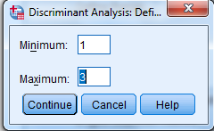 Using SPSS, the discriminant analysis for another example data is shown below: 1) Select Analyze, Classify, Discriminant.   2) When Discriminant Analysis dialog box appears, enter Own in Grouping variable text box, click Define range then bcontinue.     Enter iq, yrsed in independent variable text box.   3) Click Statistics then continue.   4) Click Classify and select some options shown in the below widow and then continue.   5) Click OK We get the following output:                   1) From the output, Fishers discriminant functions that can be used to classify each case is shown below:         2) Consider the below output:   From the above output, it can be seen that overall success rate of classifying the cases in the sample is 83.3% 3) Consider the below screen shoot:   From the above output, it can be seen that overall success rate of classifying the cases in the sample is 83.3% 4) The prediction classification for case 1 is,       From the above results the largest value is corresponds to   , so the case is classified as category 3 a renter. The prediction classification for case 2 is,       From the above results the largest value is corresponds to   , so the case is classified as category 1 a non-owner.