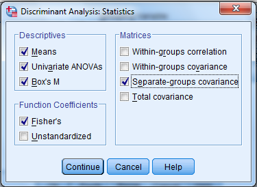 Using SPSS, the discriminant analysis for another example data is shown below: 1) Select Analyze, Classify, Discriminant.   2) When Discriminant Analysis dialog box appears, enter Own in Grouping variable text box, click Define range then bcontinue.     Enter iq, yrsed in independent variable text box.   3) Click Statistics then continue.   4) Click Classify and select some options shown in the below widow and then continue.   5) Click OK We get the following output:                   1) From the output, Fishers discriminant functions that can be used to classify each case is shown below:         2) Consider the below output:   From the above output, it can be seen that overall success rate of classifying the cases in the sample is 83.3% 3) Consider the below screen shoot:   From the above output, it can be seen that overall success rate of classifying the cases in the sample is 83.3% 4) The prediction classification for case 1 is,       From the above results the largest value is corresponds to   , so the case is classified as category 3 a renter. The prediction classification for case 2 is,       From the above results the largest value is corresponds to   , so the case is classified as category 1 a non-owner.