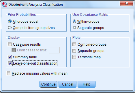 Using SPSS, the discriminant analysis for another example data is shown below: 1) Select Analyze, Classify, Discriminant.   2) When Discriminant Analysis dialog box appears, enter Own in Grouping variable text box, click Define range then bcontinue.     Enter iq, yrsed in independent variable text box.   3) Click Statistics then continue.   4) Click Classify and select some options shown in the below widow and then continue.   5) Click OK We get the following output:                   1) From the output, Fishers discriminant functions that can be used to classify each case is shown below:         2) Consider the below output:   From the above output, it can be seen that overall success rate of classifying the cases in the sample is 83.3% 3) Consider the below screen shoot:   From the above output, it can be seen that overall success rate of classifying the cases in the sample is 83.3% 4) The prediction classification for case 1 is,       From the above results the largest value is corresponds to   , so the case is classified as category 3 a renter. The prediction classification for case 2 is,       From the above results the largest value is corresponds to   , so the case is classified as category 1 a non-owner.