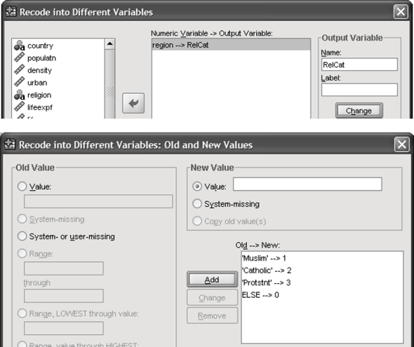 The file World95.sav is located in the SPSS subdirectory of C:\Program Files. It contains a string variable religion. Use Recode into Different Variables to make a new numeric variable RelCat consisting of the values 0 through 3 that have the correspondence shown below in the second window.   Perform a discriminant analysis to determine the dimensions that best allow religions 1-3 to be distinguished. The table below shows the variable names together with their labels that should be included as predictors in the analysis:   Answer the following questions: 1. Based on the group centroids, which religions are best distinguished by each function 2. Based on the structure coefficients, what labels might be suitable for describing each dimension<div style=padding-top: 35px> 