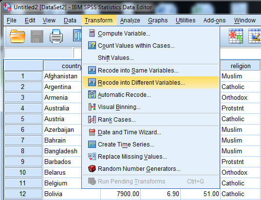Here we have a string variable religion. Use Recode into Different Variable to make a a new numeric variable RelCat consisting of the values 0 through 3. The SPSS procedure is shown below: 1) Select Transform, recording into different variables.   2) Click the variables to be transferred and enter RelCat into Name text box.   3) Click old and new values button , old enter 'Muslim' in the value text box and 1 in the new value text box. Repeat this operation until we assign the old values into new values and click continue button.     4) Click Continu, change then Ok. We get the result of recode the variables news into newsfreq.   From the above output, we observe that the third column shows the recoded the variable religion into new numeric variable RelCat. Now, we have to perform the discriminant analysis to determine the dimensions that best allow religions 1-3 to be distinguished. The SPSS procedure is shown below: 1) Select Analyze, Classify, Discriminant.   2) When Discriminant Analysis dialog box appears, enter RelCat in Grouping variable text box, click Define range then continue.       3) Enter Density, pop_incr, babymort, birth_rt, lit_male, lit_fema, gdp_cap in independent variable text box.   4) Click Classify and select some options shown in the below widow and then continue.   5) Click OK Output:               1) Based on the group centroids identify which religions are best distinguished by each function.   From the above output, it can be seen that the mean   value of each group in the 2-dimensional space defined by the discriminant functions. The function 1 values of -1.297 for group1, 0.656 for group2 and 1.428 for group3. The function 2 values of 0.140 for group1, -0.387 for group2 and 1.110 for group3. The religions Muslim and protstnt are best distinguished by function1 and the religion catholic is best distinguished by function2 2) Based on the structure coefficients, identify what labels might be suitable for describing each dimension.   From the above output, it can be seen that the standardized canonical discriminant function coefficient is high for the variable lit_fema corresponding to function1, so the label Females who read label is suitable. From the above output, it can be seen that the standardized canonical discriminant function coefficient is high for the variable gdp_ca corresponding to function2, so the label Gross domestic product/ capita is suitable.