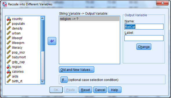 Here we have a string variable religion. Use Recode into Different Variable to make a a new numeric variable RelCat consisting of the values 0 through 3. The SPSS procedure is shown below: 1) Select Transform, recording into different variables.   2) Click the variables to be transferred and enter RelCat into Name text box.   3) Click old and new values button , old enter 'Muslim' in the value text box and 1 in the new value text box. Repeat this operation until we assign the old values into new values and click continue button.     4) Click Continu, change then Ok. We get the result of recode the variables news into newsfreq.   From the above output, we observe that the third column shows the recoded the variable religion into new numeric variable RelCat. Now, we have to perform the discriminant analysis to determine the dimensions that best allow religions 1-3 to be distinguished. The SPSS procedure is shown below: 1) Select Analyze, Classify, Discriminant.   2) When Discriminant Analysis dialog box appears, enter RelCat in Grouping variable text box, click Define range then continue.       3) Enter Density, pop_incr, babymort, birth_rt, lit_male, lit_fema, gdp_cap in independent variable text box.   4) Click Classify and select some options shown in the below widow and then continue.   5) Click OK Output:               1) Based on the group centroids identify which religions are best distinguished by each function.   From the above output, it can be seen that the mean   value of each group in the 2-dimensional space defined by the discriminant functions. The function 1 values of -1.297 for group1, 0.656 for group2 and 1.428 for group3. The function 2 values of 0.140 for group1, -0.387 for group2 and 1.110 for group3. The religions Muslim and protstnt are best distinguished by function1 and the religion catholic is best distinguished by function2 2) Based on the structure coefficients, identify what labels might be suitable for describing each dimension.   From the above output, it can be seen that the standardized canonical discriminant function coefficient is high for the variable lit_fema corresponding to function1, so the label Females who read label is suitable. From the above output, it can be seen that the standardized canonical discriminant function coefficient is high for the variable gdp_ca corresponding to function2, so the label Gross domestic product/ capita is suitable.