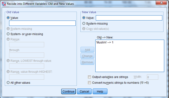 Here we have a string variable religion. Use Recode into Different Variable to make a a new numeric variable RelCat consisting of the values 0 through 3. The SPSS procedure is shown below: 1) Select Transform, recording into different variables.   2) Click the variables to be transferred and enter RelCat into Name text box.   3) Click old and new values button , old enter 'Muslim' in the value text box and 1 in the new value text box. Repeat this operation until we assign the old values into new values and click continue button.     4) Click Continu, change then Ok. We get the result of recode the variables news into newsfreq.   From the above output, we observe that the third column shows the recoded the variable religion into new numeric variable RelCat. Now, we have to perform the discriminant analysis to determine the dimensions that best allow religions 1-3 to be distinguished. The SPSS procedure is shown below: 1) Select Analyze, Classify, Discriminant.   2) When Discriminant Analysis dialog box appears, enter RelCat in Grouping variable text box, click Define range then continue.       3) Enter Density, pop_incr, babymort, birth_rt, lit_male, lit_fema, gdp_cap in independent variable text box.   4) Click Classify and select some options shown in the below widow and then continue.   5) Click OK Output:               1) Based on the group centroids identify which religions are best distinguished by each function.   From the above output, it can be seen that the mean   value of each group in the 2-dimensional space defined by the discriminant functions. The function 1 values of -1.297 for group1, 0.656 for group2 and 1.428 for group3. The function 2 values of 0.140 for group1, -0.387 for group2 and 1.110 for group3. The religions Muslim and protstnt are best distinguished by function1 and the religion catholic is best distinguished by function2 2) Based on the structure coefficients, identify what labels might be suitable for describing each dimension.   From the above output, it can be seen that the standardized canonical discriminant function coefficient is high for the variable lit_fema corresponding to function1, so the label Females who read label is suitable. From the above output, it can be seen that the standardized canonical discriminant function coefficient is high for the variable gdp_ca corresponding to function2, so the label Gross domestic product/ capita is suitable.