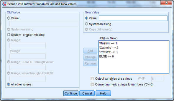 Here we have a string variable religion. Use Recode into Different Variable to make a a new numeric variable RelCat consisting of the values 0 through 3. The SPSS procedure is shown below: 1) Select Transform, recording into different variables.   2) Click the variables to be transferred and enter RelCat into Name text box.   3) Click old and new values button , old enter 'Muslim' in the value text box and 1 in the new value text box. Repeat this operation until we assign the old values into new values and click continue button.     4) Click Continu, change then Ok. We get the result of recode the variables news into newsfreq.   From the above output, we observe that the third column shows the recoded the variable religion into new numeric variable RelCat. Now, we have to perform the discriminant analysis to determine the dimensions that best allow religions 1-3 to be distinguished. The SPSS procedure is shown below: 1) Select Analyze, Classify, Discriminant.   2) When Discriminant Analysis dialog box appears, enter RelCat in Grouping variable text box, click Define range then continue.       3) Enter Density, pop_incr, babymort, birth_rt, lit_male, lit_fema, gdp_cap in independent variable text box.   4) Click Classify and select some options shown in the below widow and then continue.   5) Click OK Output:               1) Based on the group centroids identify which religions are best distinguished by each function.   From the above output, it can be seen that the mean   value of each group in the 2-dimensional space defined by the discriminant functions. The function 1 values of -1.297 for group1, 0.656 for group2 and 1.428 for group3. The function 2 values of 0.140 for group1, -0.387 for group2 and 1.110 for group3. The religions Muslim and protstnt are best distinguished by function1 and the religion catholic is best distinguished by function2 2) Based on the structure coefficients, identify what labels might be suitable for describing each dimension.   From the above output, it can be seen that the standardized canonical discriminant function coefficient is high for the variable lit_fema corresponding to function1, so the label Females who read label is suitable. From the above output, it can be seen that the standardized canonical discriminant function coefficient is high for the variable gdp_ca corresponding to function2, so the label Gross domestic product/ capita is suitable.
