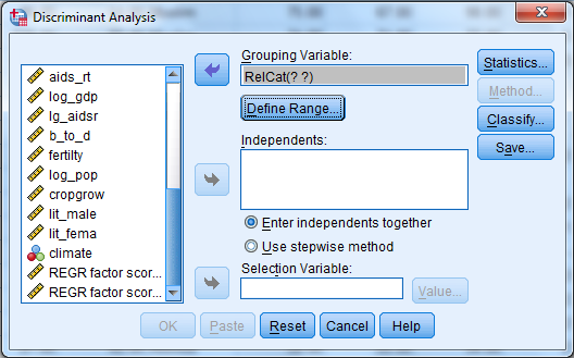 Here we have a string variable religion. Use Recode into Different Variable to make a a new numeric variable RelCat consisting of the values 0 through 3. The SPSS procedure is shown below: 1) Select Transform, recording into different variables.   2) Click the variables to be transferred and enter RelCat into Name text box.   3) Click old and new values button , old enter 'Muslim' in the value text box and 1 in the new value text box. Repeat this operation until we assign the old values into new values and click continue button.     4) Click Continu, change then Ok. We get the result of recode the variables news into newsfreq.   From the above output, we observe that the third column shows the recoded the variable religion into new numeric variable RelCat. Now, we have to perform the discriminant analysis to determine the dimensions that best allow religions 1-3 to be distinguished. The SPSS procedure is shown below: 1) Select Analyze, Classify, Discriminant.   2) When Discriminant Analysis dialog box appears, enter RelCat in Grouping variable text box, click Define range then continue.       3) Enter Density, pop_incr, babymort, birth_rt, lit_male, lit_fema, gdp_cap in independent variable text box.   4) Click Classify and select some options shown in the below widow and then continue.   5) Click OK Output:               1) Based on the group centroids identify which religions are best distinguished by each function.   From the above output, it can be seen that the mean   value of each group in the 2-dimensional space defined by the discriminant functions. The function 1 values of -1.297 for group1, 0.656 for group2 and 1.428 for group3. The function 2 values of 0.140 for group1, -0.387 for group2 and 1.110 for group3. The religions Muslim and protstnt are best distinguished by function1 and the religion catholic is best distinguished by function2 2) Based on the structure coefficients, identify what labels might be suitable for describing each dimension.   From the above output, it can be seen that the standardized canonical discriminant function coefficient is high for the variable lit_fema corresponding to function1, so the label Females who read label is suitable. From the above output, it can be seen that the standardized canonical discriminant function coefficient is high for the variable gdp_ca corresponding to function2, so the label Gross domestic product/ capita is suitable.