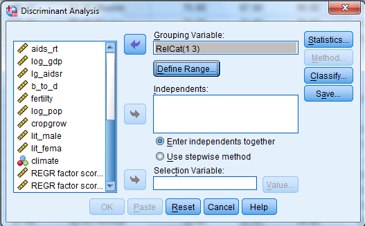 Here we have a string variable religion. Use Recode into Different Variable to make a a new numeric variable RelCat consisting of the values 0 through 3. The SPSS procedure is shown below: 1) Select Transform, recording into different variables.   2) Click the variables to be transferred and enter RelCat into Name text box.   3) Click old and new values button , old enter 'Muslim' in the value text box and 1 in the new value text box. Repeat this operation until we assign the old values into new values and click continue button.     4) Click Continu, change then Ok. We get the result of recode the variables news into newsfreq.   From the above output, we observe that the third column shows the recoded the variable religion into new numeric variable RelCat. Now, we have to perform the discriminant analysis to determine the dimensions that best allow religions 1-3 to be distinguished. The SPSS procedure is shown below: 1) Select Analyze, Classify, Discriminant.   2) When Discriminant Analysis dialog box appears, enter RelCat in Grouping variable text box, click Define range then continue.       3) Enter Density, pop_incr, babymort, birth_rt, lit_male, lit_fema, gdp_cap in independent variable text box.   4) Click Classify and select some options shown in the below widow and then continue.   5) Click OK Output:               1) Based on the group centroids identify which religions are best distinguished by each function.   From the above output, it can be seen that the mean   value of each group in the 2-dimensional space defined by the discriminant functions. The function 1 values of -1.297 for group1, 0.656 for group2 and 1.428 for group3. The function 2 values of 0.140 for group1, -0.387 for group2 and 1.110 for group3. The religions Muslim and protstnt are best distinguished by function1 and the religion catholic is best distinguished by function2 2) Based on the structure coefficients, identify what labels might be suitable for describing each dimension.   From the above output, it can be seen that the standardized canonical discriminant function coefficient is high for the variable lit_fema corresponding to function1, so the label Females who read label is suitable. From the above output, it can be seen that the standardized canonical discriminant function coefficient is high for the variable gdp_ca corresponding to function2, so the label Gross domestic product/ capita is suitable.