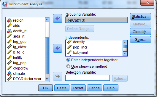 Here we have a string variable religion. Use Recode into Different Variable to make a a new numeric variable RelCat consisting of the values 0 through 3. The SPSS procedure is shown below: 1) Select Transform, recording into different variables.   2) Click the variables to be transferred and enter RelCat into Name text box.   3) Click old and new values button , old enter 'Muslim' in the value text box and 1 in the new value text box. Repeat this operation until we assign the old values into new values and click continue button.     4) Click Continu, change then Ok. We get the result of recode the variables news into newsfreq.   From the above output, we observe that the third column shows the recoded the variable religion into new numeric variable RelCat. Now, we have to perform the discriminant analysis to determine the dimensions that best allow religions 1-3 to be distinguished. The SPSS procedure is shown below: 1) Select Analyze, Classify, Discriminant.   2) When Discriminant Analysis dialog box appears, enter RelCat in Grouping variable text box, click Define range then continue.       3) Enter Density, pop_incr, babymort, birth_rt, lit_male, lit_fema, gdp_cap in independent variable text box.   4) Click Classify and select some options shown in the below widow and then continue.   5) Click OK Output:               1) Based on the group centroids identify which religions are best distinguished by each function.   From the above output, it can be seen that the mean   value of each group in the 2-dimensional space defined by the discriminant functions. The function 1 values of -1.297 for group1, 0.656 for group2 and 1.428 for group3. The function 2 values of 0.140 for group1, -0.387 for group2 and 1.110 for group3. The religions Muslim and protstnt are best distinguished by function1 and the religion catholic is best distinguished by function2 2) Based on the structure coefficients, identify what labels might be suitable for describing each dimension.   From the above output, it can be seen that the standardized canonical discriminant function coefficient is high for the variable lit_fema corresponding to function1, so the label Females who read label is suitable. From the above output, it can be seen that the standardized canonical discriminant function coefficient is high for the variable gdp_ca corresponding to function2, so the label Gross domestic product/ capita is suitable.