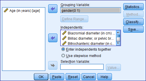 Perform discriminant analysis for the given data using SPSS. The following are the steps to find the required results: Step1: Type or import the data into the Minitab work sheet. Step 2: Go to   Step 3: Highlight the names of the predictor variables and transfer them to the independent field. Highlight the name of the grouping variable and transfer it to the Grouping Variable ( gender ) filed. Step 4: Click Define Range (0, 1).   Click on continue then we get the following window.   Step 5: Click on Statistics and specify the required results.   Click on continue. Step 6: Click on Classify and specify the required results.   Click on continue. Step 7: Click on save and specify the required results.   Click on continue By following the above instructions we get the output as shown below:                         1) Under this test the null and alternative hypotheses are,   The discriminant function in not significantly aid prediction of group membership   The discriminant function in significantly aid prediction of group membership Let us assume the level of significance   From the above output the function has a Wilks' lambda = 0.12, and the corresponding P -value is 0.000, since p.05 we reject the null hypothesis and conclude that the discriminant function in significantly aid prediction of group membership. 2) From the above classification results output, the discriminant function successfully predicted computer gender of 98% of the cases in the sample. 3) The two variables that were most strongly correlated with the discriminant function were forearm girth and shoulder girth. Based on the standardized discriminant function coefficients, waist girth and navel girth made the greatest independent contributions to discriminating between males and females. 4) To answer question 4, a discriminant analysis was conducted using the predictors forearm girth, shoulder girth, waist girth and navel girth. The analysis output is shown below:                 Under this test the null and alternative hypotheses are,   The discriminant function in not significantly aid prediction of group membership   The discriminant function in significantly aid prediction of group membership Let us assume the level of significance   From the above output the function has a Wilks'   , and the corresponding P -value is 0.000, since   , reject the null hypothesis and conclude that the discriminant function in significantly aid prediction of group membership. From the above classification results output, the discriminant function successfully predicted computer gender of 96% of the cases in the sample. The Fisher functions could be used to predict a person's gender based on values of the four variables. The functions are:    