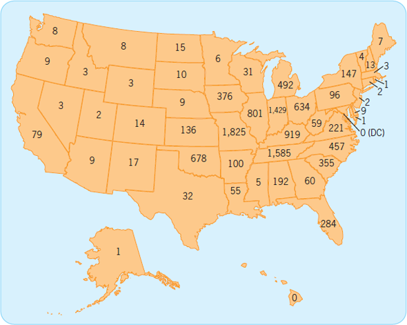 Please reread the scenario at the beginning of this chapter. How would you respond to the following questions? Methamphetamine has become a nationwide problem. Figure 1 is a map showing the number of incidents involving methamphetamine clandestine laboratories in each state. Which states appear to have the most serious methamphetamine problem? Is methamphetamine a widespread problem in your state? Have you heard about any meth lab busts in your community? Figure 1  Total of all clandestine laboratory incidents involving methamphetamine (including labs, dump sites, and chemicals, glassware, or equipment), calendar year 2012. Source: El Paso Intelligence Center (EPIC/National Secure System NSS).   