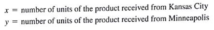 A retail store in Des Moines, Iowa, receives shipments of a particular product from Kansas City and Minneapolis. Let a. Write an expression for the total number of units of the product received by the retail store in Des Moines. b. Shipments from Kansas City cost $0.20 per unit, and shipments from Minneapolis cost $0.25 per unit. Develop an objective function representing the total cost of shipments to Des Moines. c. Assuming the monthly demand at the retail store is 5000 units, develop a constraint that requires 5000 units to be shipped to Des Moines. d. No more than 4000 units can be shipped from Kansas City, and no more than 3000 units can be shipped from Minneapolis in a month. Develop constraints to model this situation. e. Of course, negative amounts cannot be shipped. Combine the objective function and constraints developed to state a mathematical model for satisfying the demand at the Des Moines retail store at minimum cost.