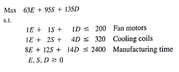 Quality Air Conditioning manufactures three home air conditioners: an economy model, a standard model, and a deluxe model. The profits per unit are $63, $95, and $135, respectively. The production requirements per unit are as follows: For the coming production period, the company has 200 fan motors, 320 cooling coils, and 2400 hours of manufacturing time available. How many economy models ( E ), standard models ( S ), and deluxe models ( D ) should the company produce in order to maximize profit? The linear programming model for the problem is as follows: The computer solution is shown in Figure 3.17. a. What is the optimal solution, and what is the value of the objective function? b. Which constraints are binding? c. Which constraint shows extra capacity? How much? d. If the profit for the deluxe model were increased to $150 per unit would the optimal solution change? Use the information in Figure 3.17 to answer this question FIGURE 3.17 THE SOLUTION FOR THE QUALITY AIR CONDITIONING PROBLEM