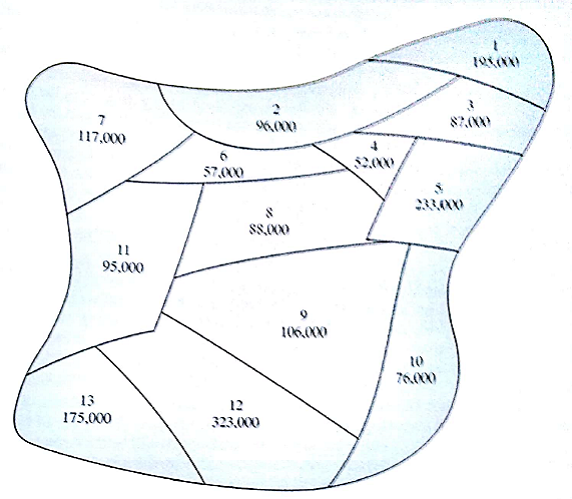 CHB, Inc. Is a bank holding company that is evaluating the potential for expanding into a 13-county region in the south western part of the state law permits establishing branches in any county that is adjacent to a county in which a PPB (principal place of business) is located. The following map shows the 13-county region with the population of each county indicated. a. Assume that only one PPB can be established in the region. When.' should be located to maximize the population served? ( Hint : Review the Ohio Trust formulation in Section 7.3. Consider minimizing the population not served, and introduce variable y i = 1 if it is not possible to establish a branch in county i and y i. = 0 otherwise.)b. Suppose that two PPBs can be established in the region, Where should they be located to maximize the population served? c. Management learned that a bank located in county 5 is considering selling. It' CUB purchases this bank, the requisite PPB will be established in county 5.and a base for beginning expansion in the region will also be established. What adv ice would you give the management of CHB?