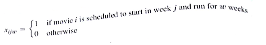 A mathematical programming system named Silver Screener uses a 0-1 integer programming model to help theater managers decide which movies to show on a weekly basis in a multiple-screen theater ( Interfaces May/June 2001). Suppose that management of Valley Cinemas would like to investigate the potential of using a similar scheduling system for their chain of multiple-screen theaters. Valley selected a small two-screen movie theatre tor the pilot testing and would like to develop an integer programming model to help schedule movies for the next four weeks. Six movies are available. The first week each movie is available, the last week each movie can be shown, and the maximum number of weeks that each movie can run are shown here: The overall viewing schedule for the theater is composed of the individual schedules for each of the six movies. For each movie, a schedule must be developed that specifies the week the movie starts and the number of consecutive weeks it will run. For instance, one possible schedule for movie 2 is for it to start in week 1 and run for two weeks. Theater policy requires that once a movie is started it must be shown in consecutive weeks. It cannot be stopped and restarted again. To represent the scheduled possibilities for each movie, the following decision variables were developed: For example x 532 = 1 means that the schedule selected for movie 5 is to begin in week 3 and run for weeks. For each movie. A separate variable is given for each possible schedule. a. Three schedules are associated with movie 1 List the variables that represent these schedules. b. Write a constraint requiring that only one schedule be selected for movie 1. c. Write a constraint requiring that only one schedule be selected for movie 5. d. What restricts the number of movies that can be selected in week 1? Write a constraint that restricts the number of movies sc selected for viewing in week 1. e. Write a constraint that restricts the number of movies selected for viewing in week 3.