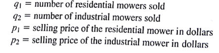 Lawn King manufactures two types of riding lawn mowers. One is a low-cost mower sold primarily to residential home owners; the other is an industrial model sold to landscaping and lawn service companies. The company is interested in establishing a pricing policy for the two mowers that will maximize the gross profit for the product line. A study of the relationships between sales prices and quantities sold of the two mowers has validated the following price-quantity relationships. Where The accounting department developed cost information on the fixed and variable cost of producing the two mowers. The fixed cost of production for the residential mower is $10,000 and the variable cost is $1500 per mower. The fixed cost of production for the industrial mower is $30,000 and the variable cost is $4000 per mower. a. Lawn King traditionally priced the lawn mowers at $2000 and $6000 for the residential and industrial mowers, respectively. Gross profit is computed as the sales revenue minus production cost. How many mowers will be sold, and what is the gross profit with this pricing policy? b. Following the approach of Section 8.1, develop an expression for gross profit as a function of the selling prices for the two mowers. c. What are the optimal prices for Lawn King to charge? How many units of each mower will be sold at these prices and what will the gross profit be? d. Try a different formulation for this problem. Write the objective function as where c 1 and c 2 represent the production costs for the two mowers. Then add four constraints to the problem, two based on the price-quantity relationships and two based on the cost function. Solve this new constrained optimization problem to sec whether you get the same answer. What arc the advantages of this formulation, if any?